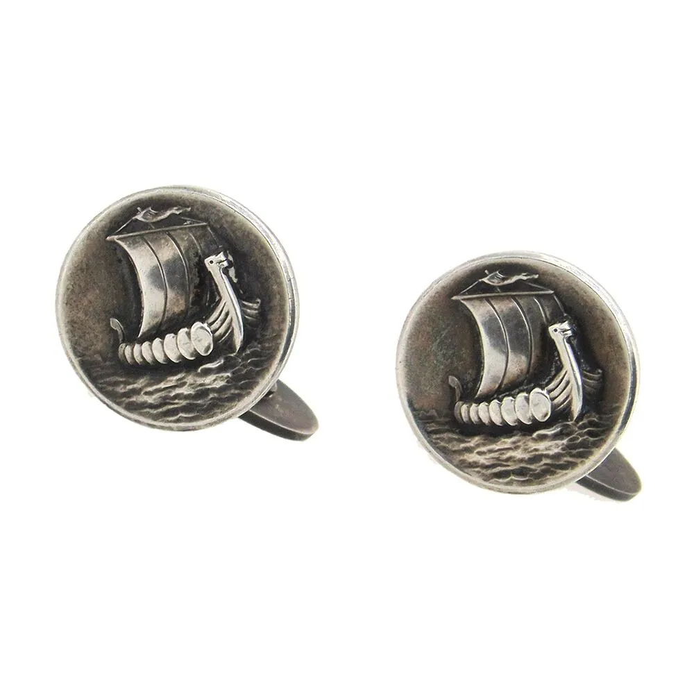 Georg Jensen 1970s Sterling Silver Viking Ship Cufflinks & Tie Bar Set