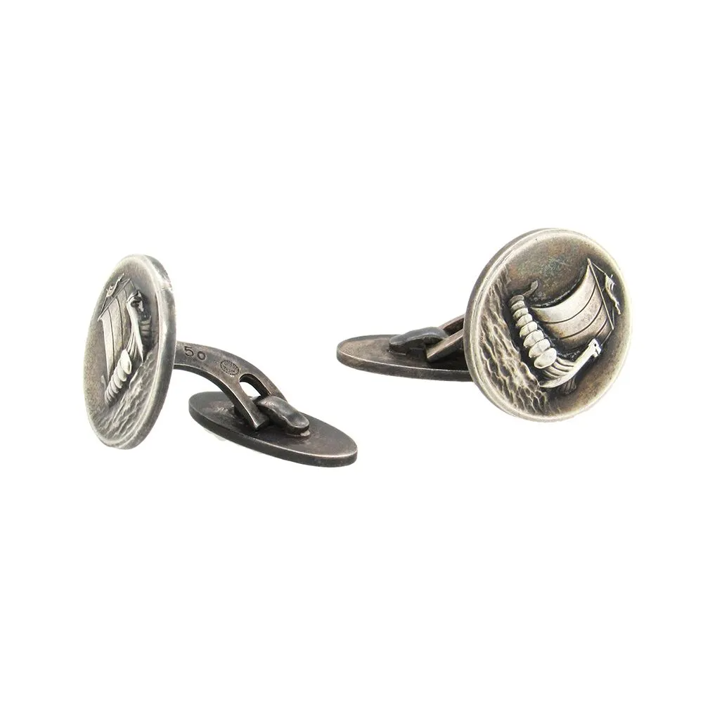 Georg Jensen 1970s Sterling Silver Viking Ship Cufflinks & Tie Bar Set