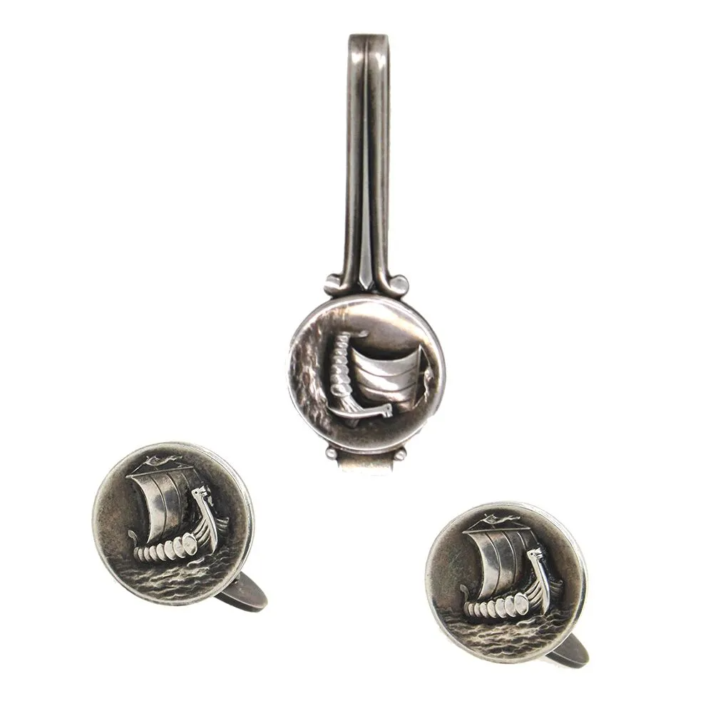 Georg Jensen 1970s Sterling Silver Viking Ship Cufflinks & Tie Bar Set