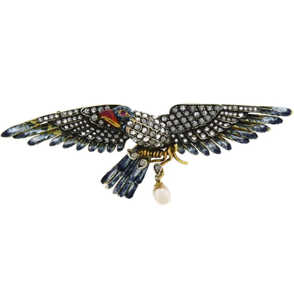 Exquisite French-Made Diamond Enamel Eagle Brooch in 18K Gold