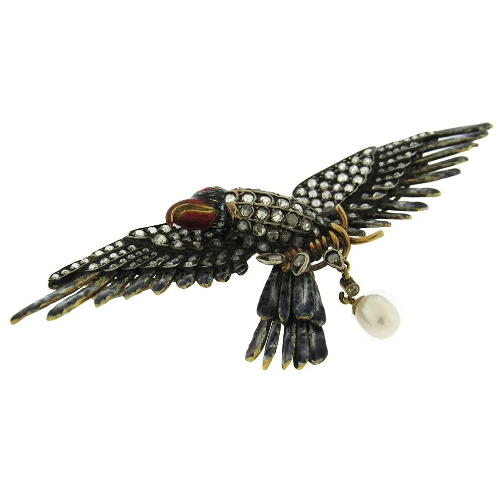 Exquisite French-Made Diamond Enamel Eagle Brooch in 18K Gold