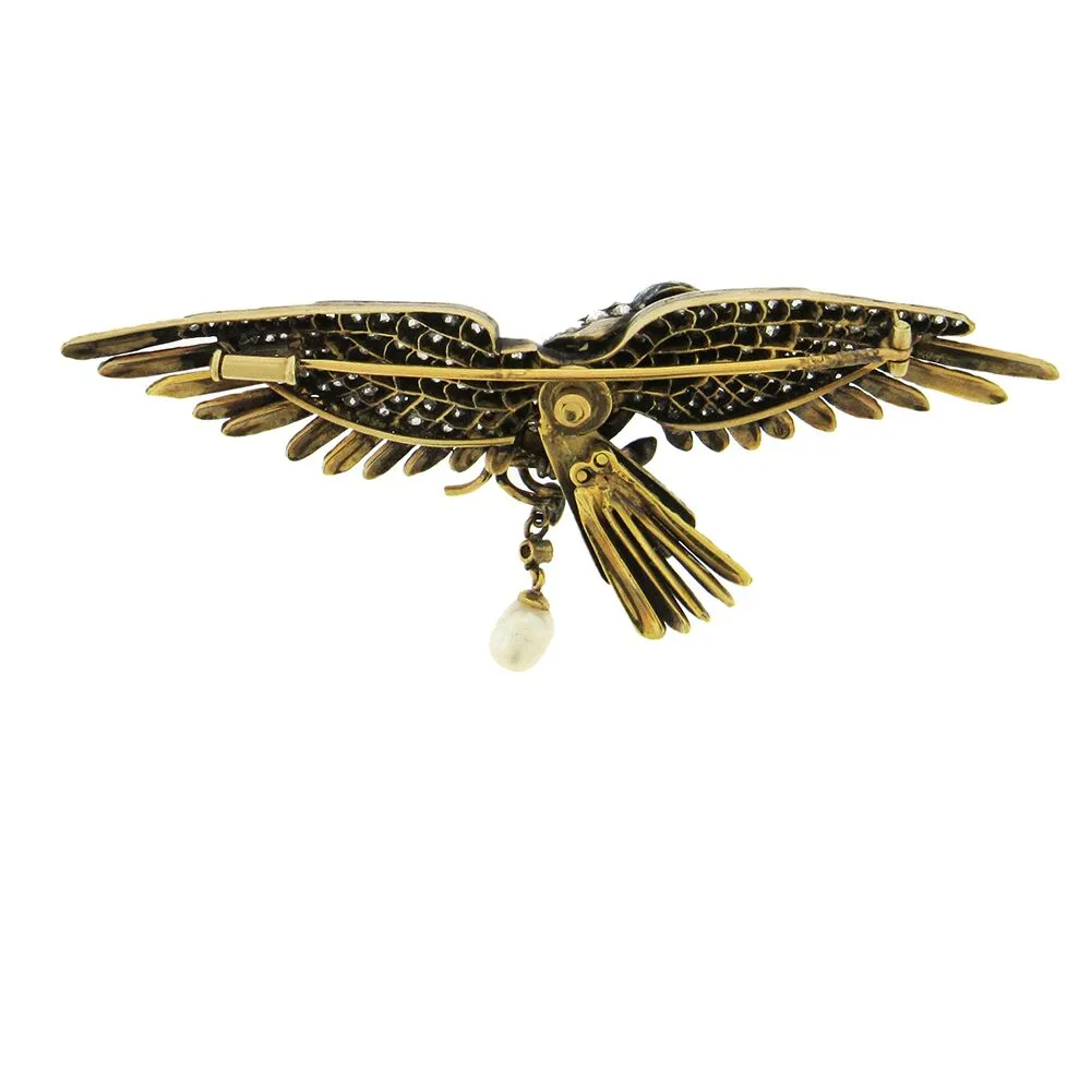 Exquisite French-Made Diamond Enamel Eagle Brooch in 18K Gold