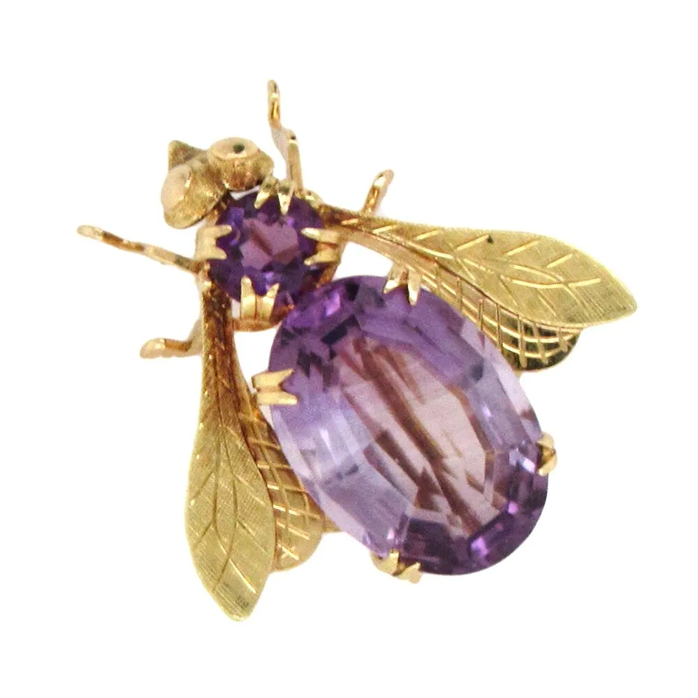 Victorian Style Amethyst Fly Brooch in 18K Yellow Gold