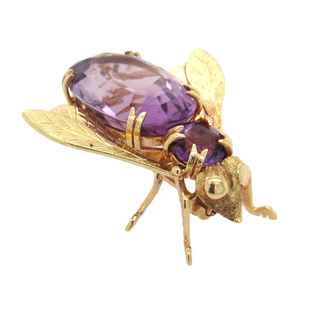 Victorian Style Amethyst Fly Brooch in 18K Yellow Gold