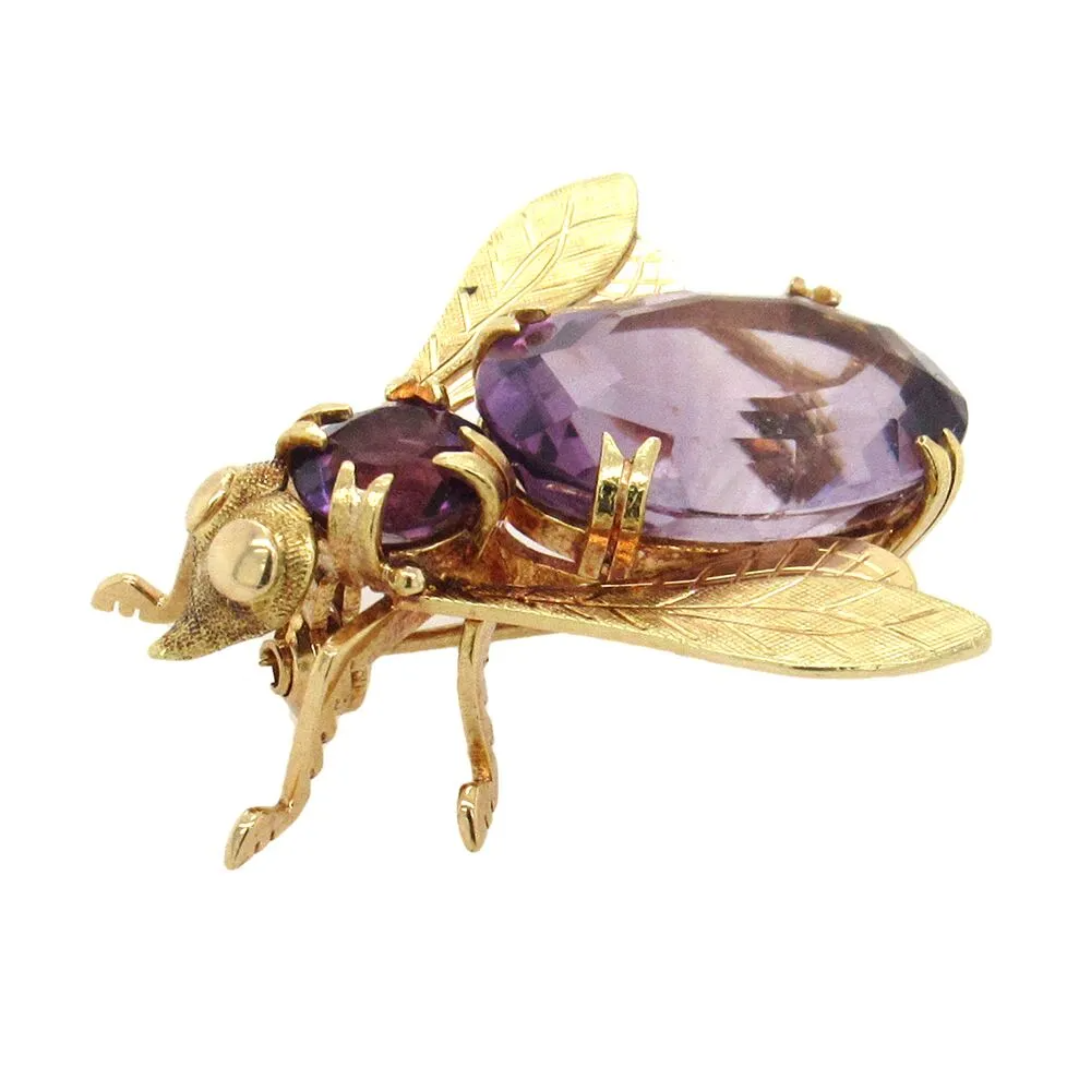 Victorian Style Amethyst Fly Brooch in 18K Yellow Gold