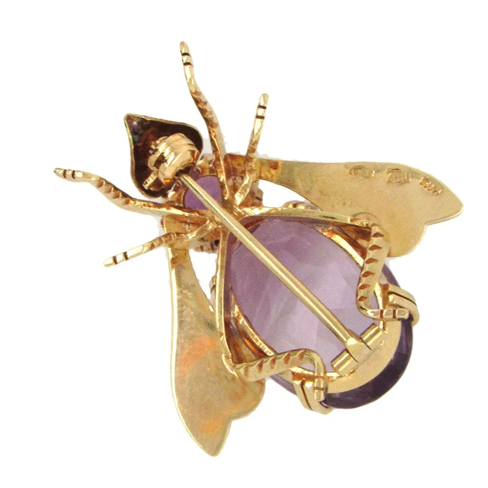 Victorian Style Amethyst Fly Brooch in 18K Yellow Gold