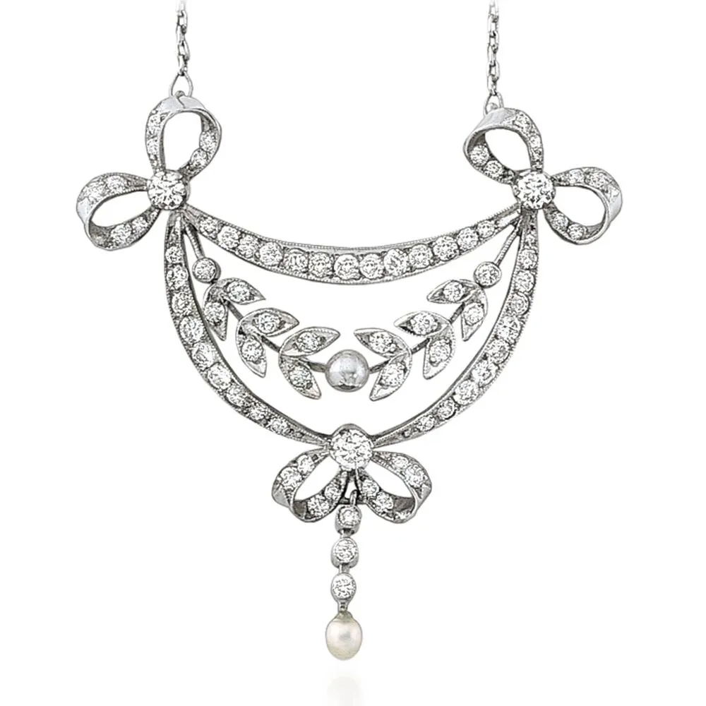 Edwardian Diamond and Pearl Lavaliere Pendant in Filigree Platinum