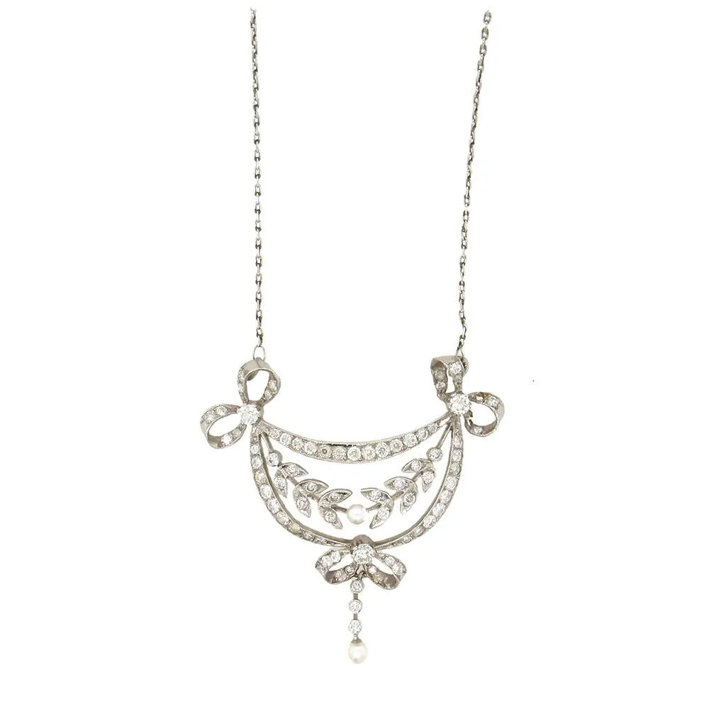 Edwardian Diamond and Pearl Lavaliere Pendant in Filigree Platinum