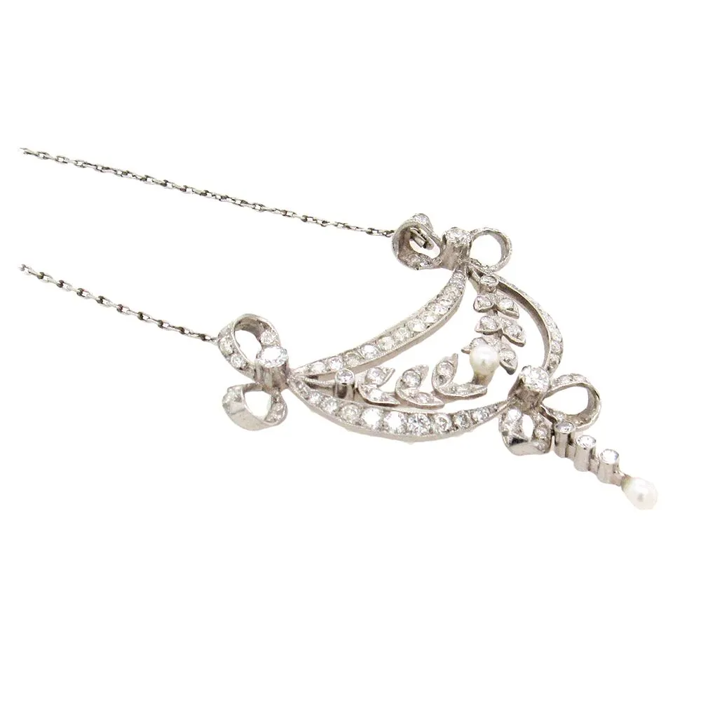 Edwardian Diamond and Pearl Lavaliere Pendant in Filigree Platinum