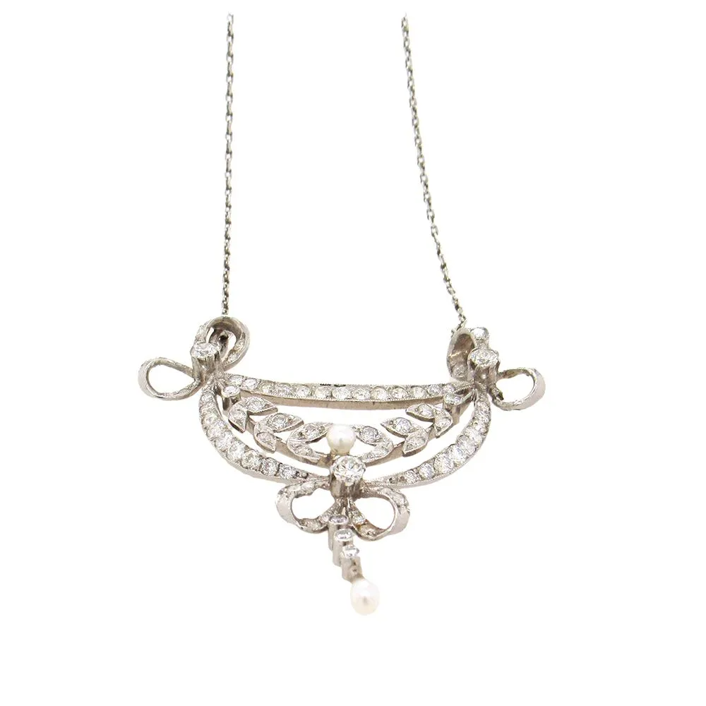 Edwardian Diamond and Pearl Lavaliere Pendant in Filigree Platinum